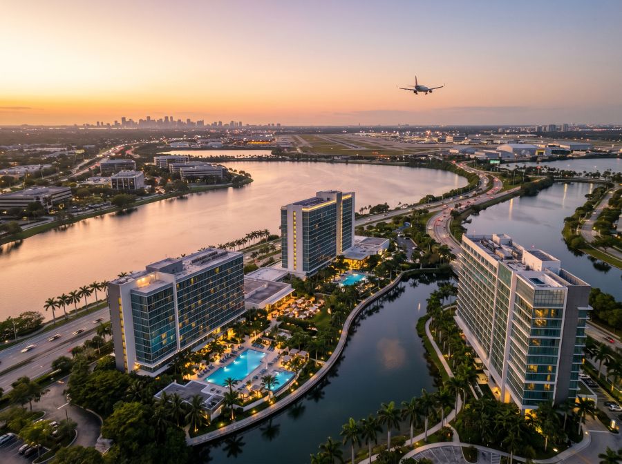 Wide aerial view of Miami International Airport perimeter hotels, illuminated Blue Lagoon waterways, palm trees, and dusk skyline with descending commercial aircraft.