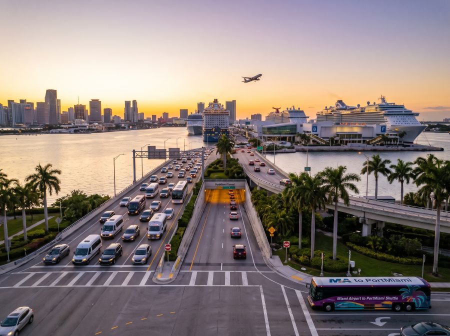 MIA to PortMiami Cruise Transfers - Gateway to PortMiami Wide aerial architectural view of passenger shuttle vans and vehicles traveling across the Port Boulevard causeway toward PortMiami cruise terminals with Biscayne Bay, modern cruise ships, and Miami skyline at sunset.