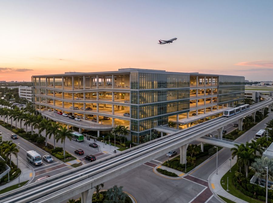 Miami Airport Rental Car Center - MIA RCC & MIA Mover Exterior view of the multi-story Miami Airport Rental Car Center and Miami Intermodal Center with elevated MIA Mover train guideway, tropical landscaping, and rental vehicles under dusk skies.
